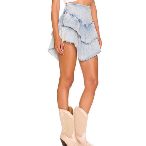 Mother Womens Layered Ruffle Mini Raw Edge Skirt Blue Denim Light Wash Size 27 - Picture 3 of 13